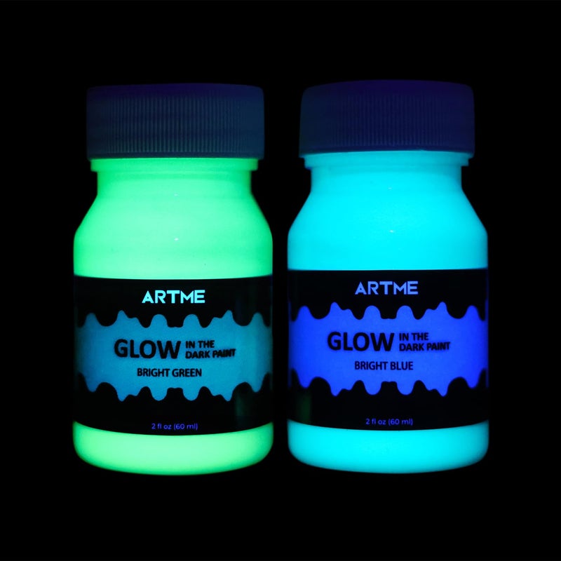 ARTME مجموعة الطلاء المتوهج Artme Glow in The Dark Paint من الألوان الخضراء والزرقاء (60 مل/2 أونصة لكل منهما) طلاء أكريليك متوهج مثالي للرسم الفني والمشروعات اليدوية لديكورات الهالوين والفنانين والطلاب البالغين - Image 1